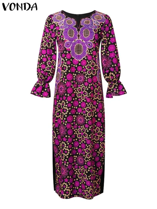 Bohemian Printed Maxi Dress with V-Neck and Long Sleeves - Image 2