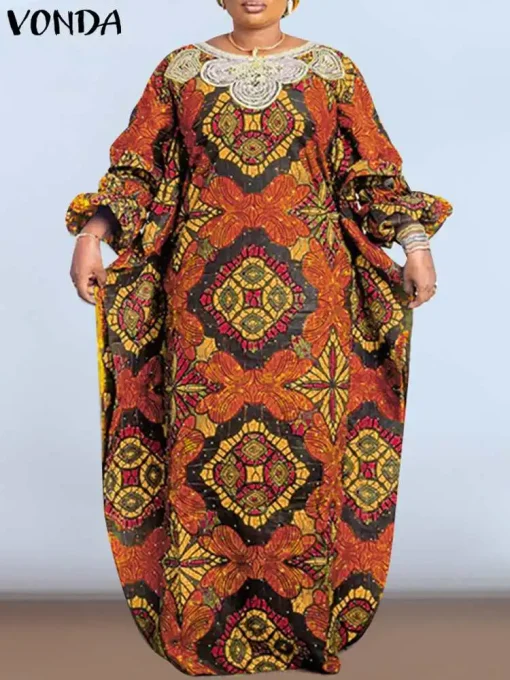 Bohemian Floral Printed Maxi Dress with Lantern Sleeves - Image 3