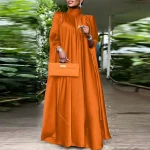 Elegant Satin Long Sleeve Maxi Dress Pleated Evening Sundress