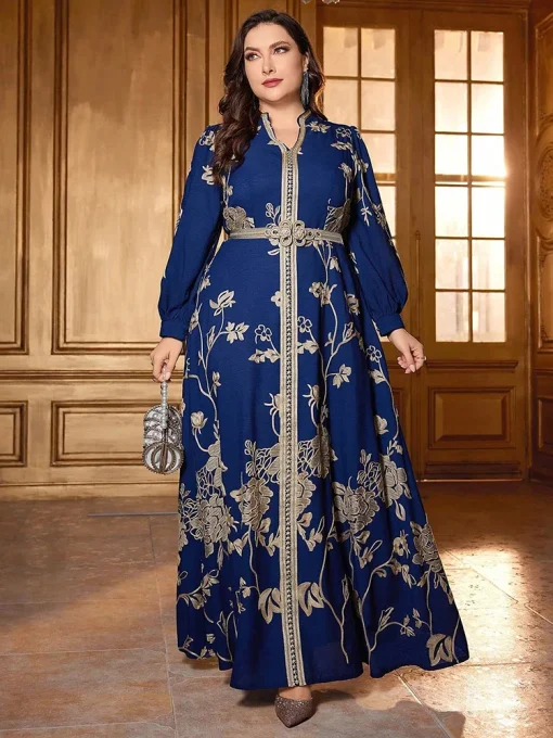 Plus Size Floral Patchwork Belted Arabian Evening Maxi Dress - Image 3