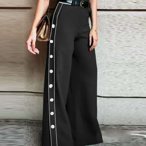 Elegant Wide Leg Office Pants with Button Detail