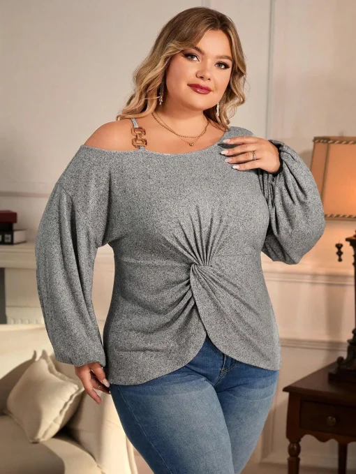 Plus Size Women’s Polo Collar One-Shoulder Long Sleeve T-Shirt - Image 5