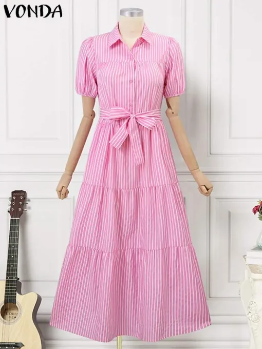 Plus Size Elegant Stripe Shirt Dress with Belt - Image 3