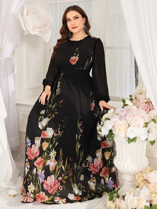 Plus Size Floral Print Lantern Sleeve Mesh Midi Dress - Image 4