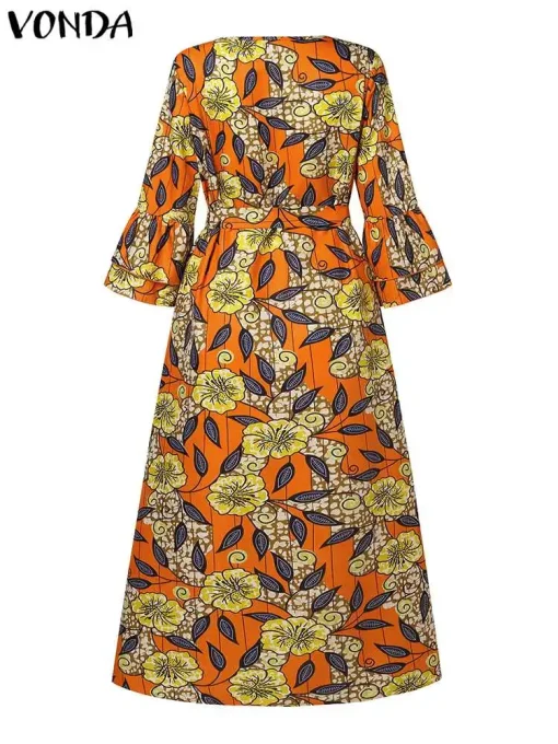 Women Bohemian Floral Printed Maxi Dress V-Neck Long Sleeve - Image 3