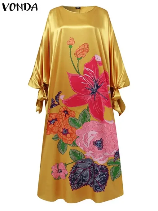 Vintage Floral Printed Satin Maxi Dress for Women - Image 5