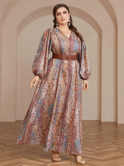 Plus Size Bohemian Belted Lantern Sleeve Paisley Print Dress - Image 2