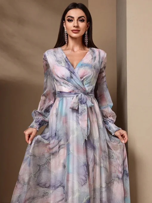 Elegant Floral Wrap V-Neck Long Sleeve Summer Dress - Image 3