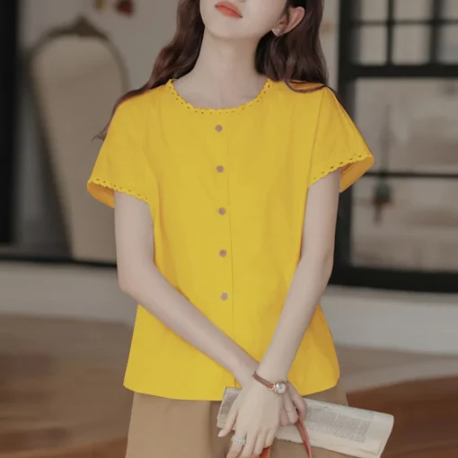 Casual Solid Color Short Sleeve Summer Blouse for Women - Image 6