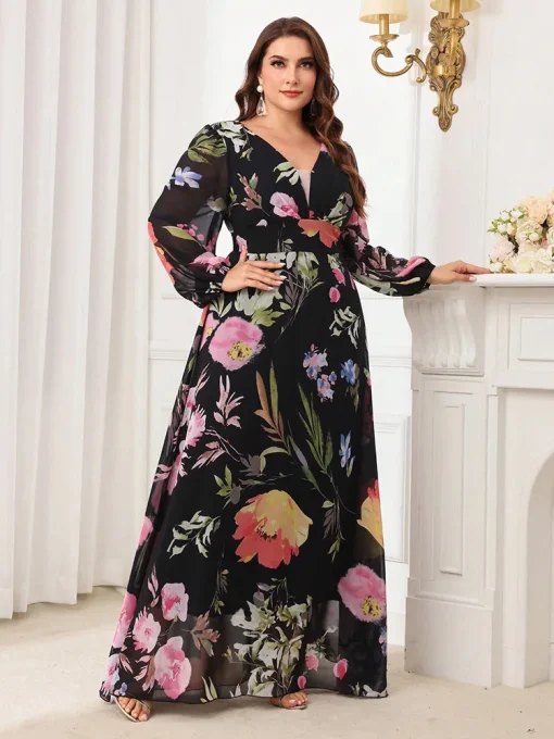 Plus Size Floral Printed V-Neck Long Sleeve Maxi Dress - Image 6