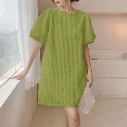 Women’s Elegant Solid Color Puff Sleeve Summer Dress - Image 6