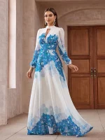 Elegant Floral Print Keyhole Neck Long Sleeve Dress