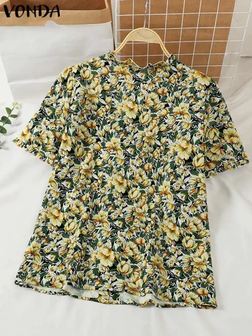 Women's Floral Printed Puff Sleeve Beach Blouse - Image 3