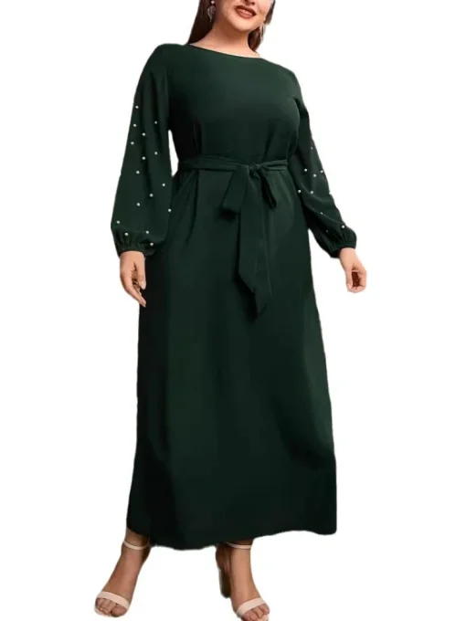 Elegant Plus Size Retro Long Sleeve Beaded Dress - Image 5