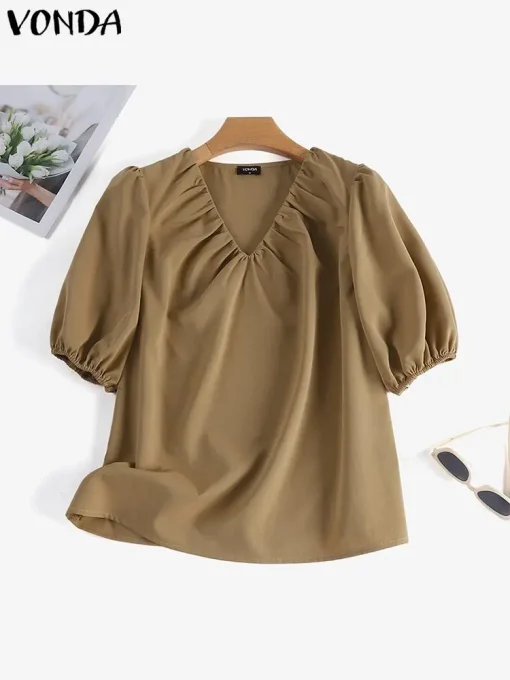 Summer V-Neck Pleated Blouse with Puff Sleeves - Image 2