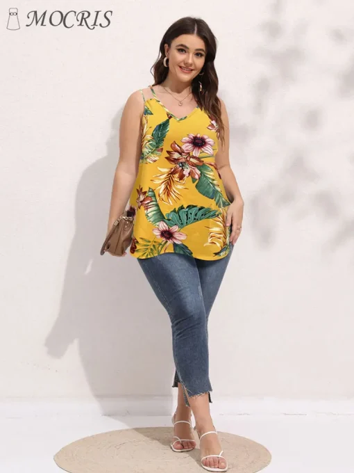 Plus Size Sunflower Print Pleated Loose Summer Tank Top