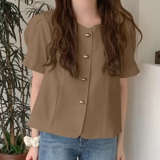 Elegant Summer Short Sleeve Blouse with Button Details - Image 7