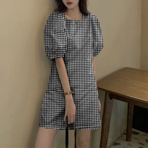 Women Plaid Mini Dress Vintage Printed Puff Sleeve Sundress - Image 6