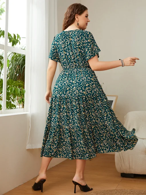 Elegant Plus Size Floral Printed O-Neck Casual Party Dress