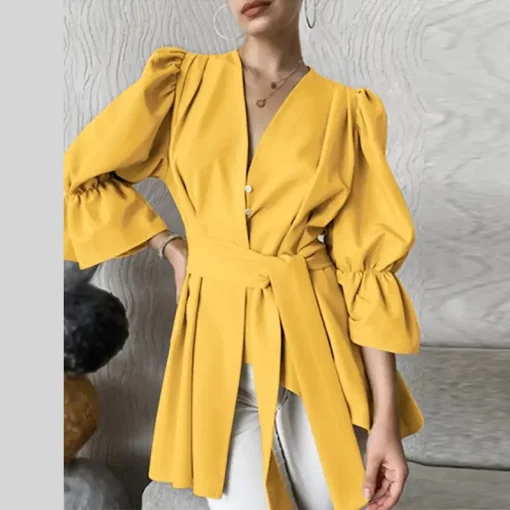 Elegant V-Neck Belted Flare Sleeve Autumn Blouses