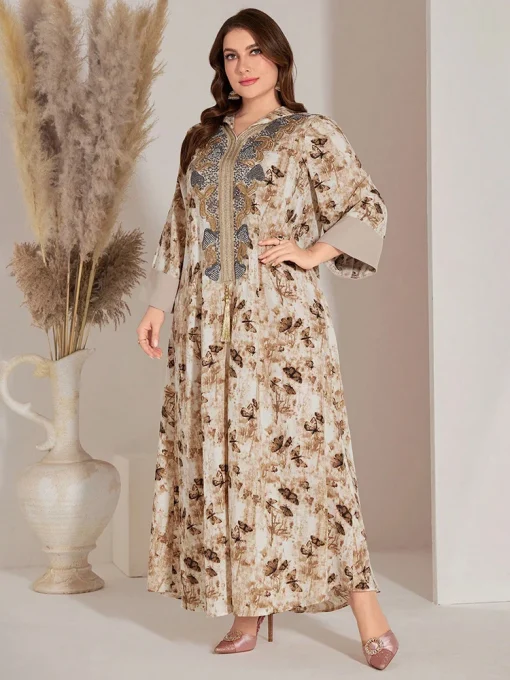 Plus Size Butterfly Print Long Sleeve Maxi Party Dress - Image 3