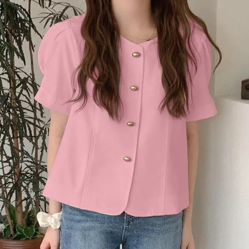 Elegant Summer Short Sleeve Blouse with Button Details