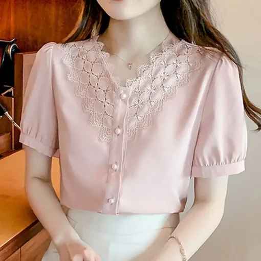 Elegant Office Shirt Solid Color Blouse Short Sleeve Tunic - Image 5