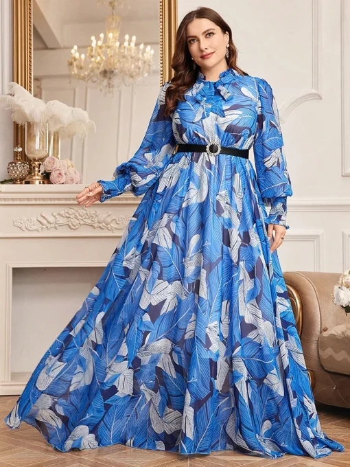 Plus Size Bow Belted Botanical Print Lantern Sleeve Dress