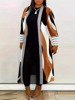 Plus Size Elegant Printed Long Sleeve Ribbed Cardigan