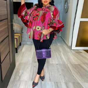 Women’s Bohemian Floral Pant Set with Flare Sleeves and Ruffles