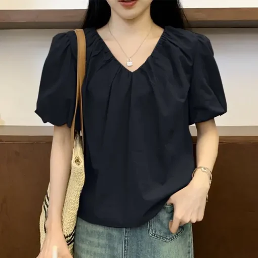 Casual V-Neck Pleated Blouse with Short Puff Sleeves - Image 9