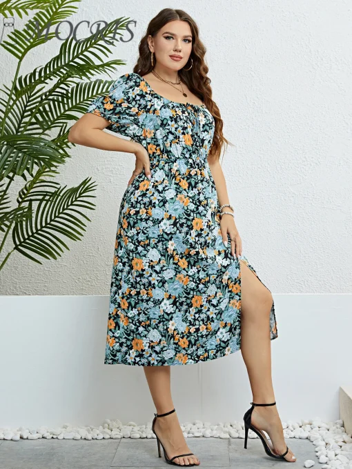 Elegant Plus Size One Shoulder Floral Split Party Dress