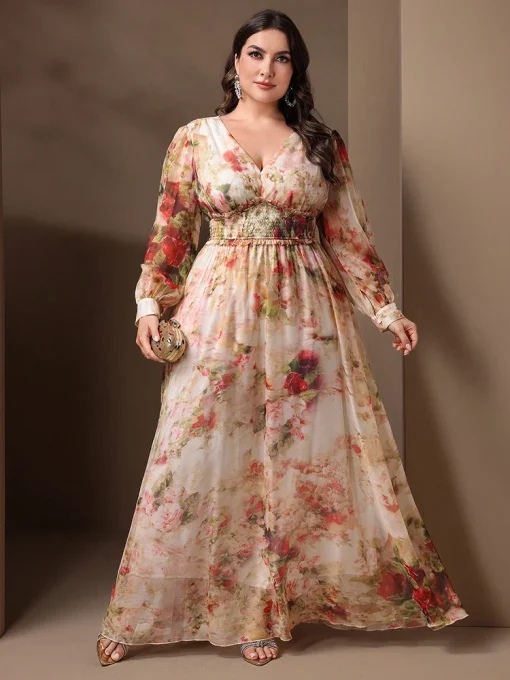 Plus Size Shirred Floral Print Long Sleeve Maxi Dress