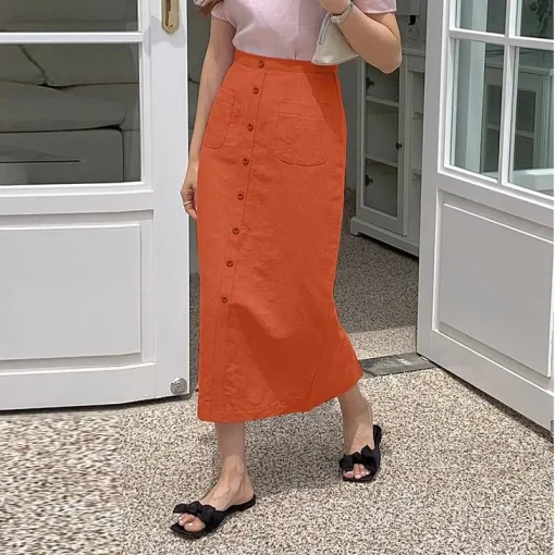 Women’s Elegant Solid Color Midi Skirt with Pockets - Image 6