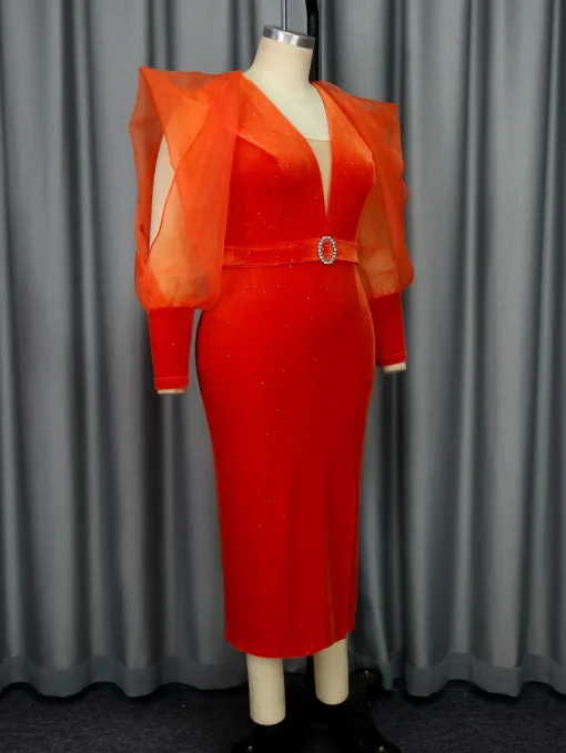 Orange Velvet Bodycon Dress with Mesh Long Sleeves - Image 3