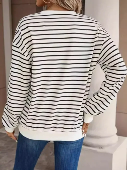 Plus Size Casual Long Sleeve Stripe Print T-Shirt - Image 2