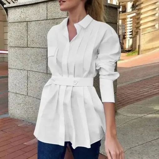 Women's Elegant Long Sleeve Belted Tunic Shirt - Image 9