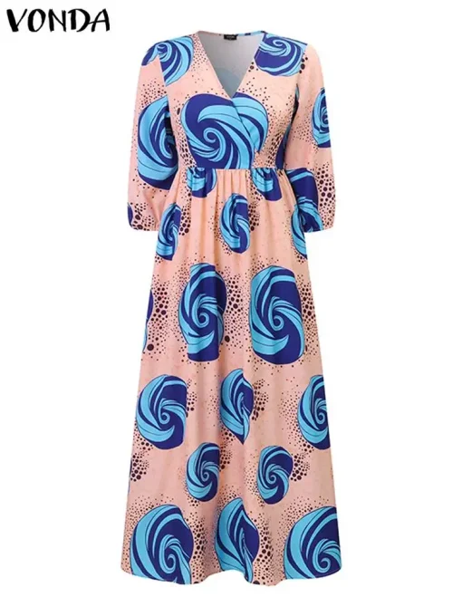 Bohemian Printed Maxi Dress with V Neck and 3/4 Sleeves - Image 2