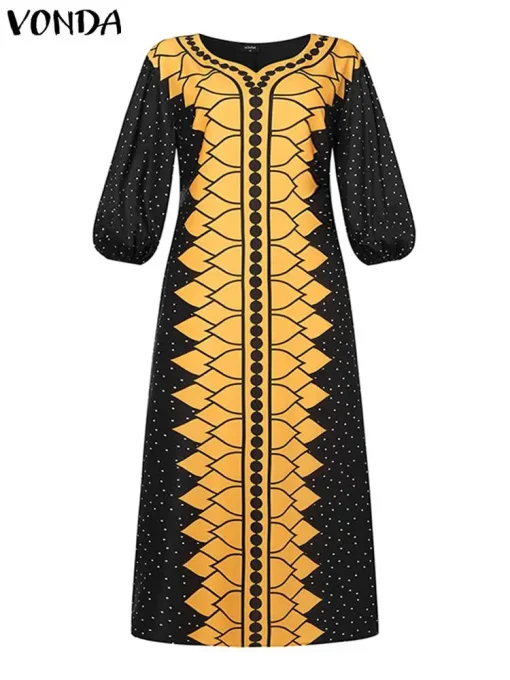 Bohemian Printed Maxi Dress with Puff Sleeves - Image 2