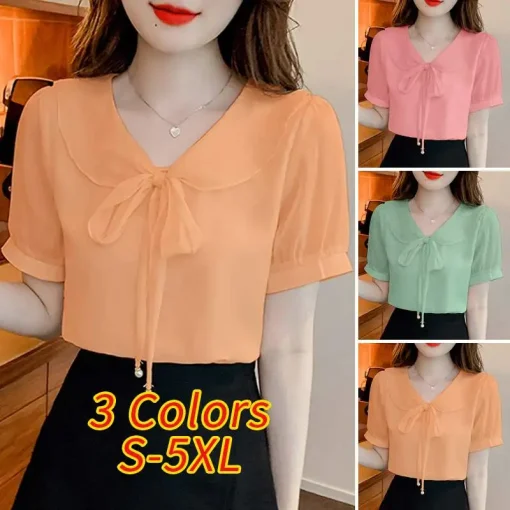 Elegant Short Puff Sleeve Bow Tie Summer Blouse