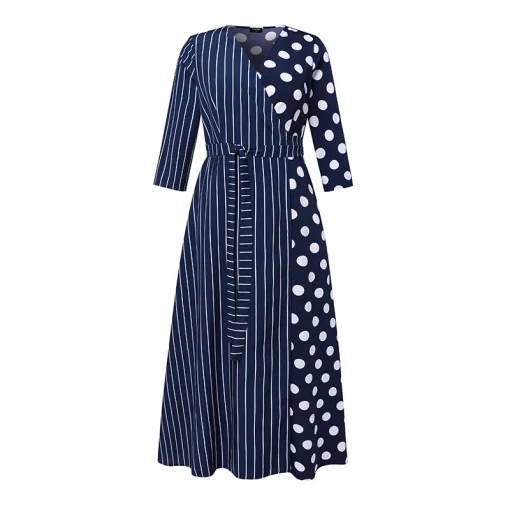 Women Elegant V-Neck Split Stripes Polka Dot Dress - Image 6