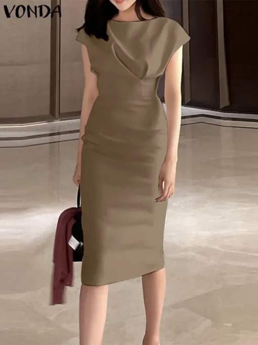 Elegant Solid Color Midi Dress for Summer Women - Image 2