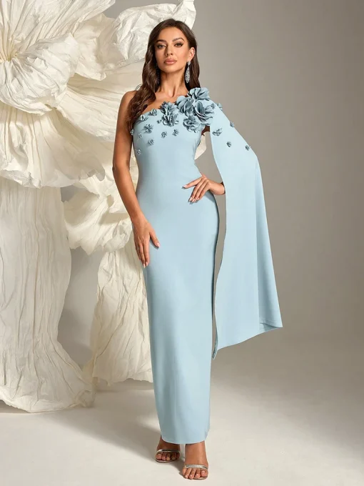 Elegant 3D Floral One Shoulder Long Sleeve Maxi Dress