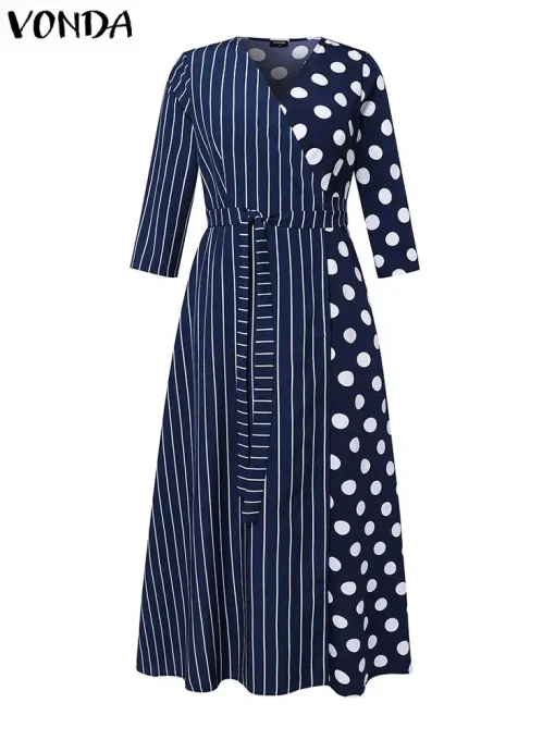 Women Elegant V-Neck Split Stripes Polka Dot Dress - Image 2