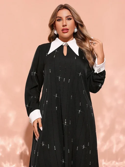 Plus Size Elegant Contrast Color Long Sleeve Maxi Dress - Image 3