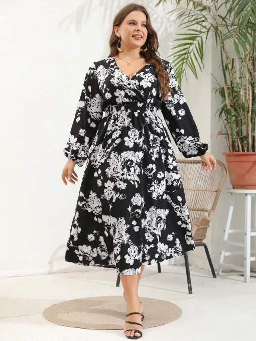 Elegant Plus Size V-Neck Printed Long Sleeve Linen Dress - Image 6