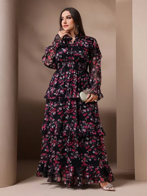 Plus Size Floral Print Mesh V-Neck Flare Sleeve Dress