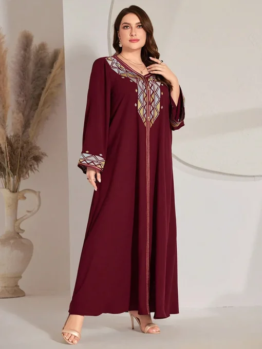 Plus-Size Women Embroidered V-neck Maxi Arab Ethnic Dress - Image 3