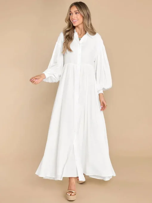 Plus Size Monochromatic White Linen Button Dress for Women - Image 4