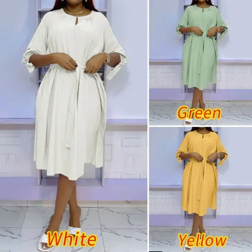 Plus Size Elegant Midi Dress with Puff Sleeves